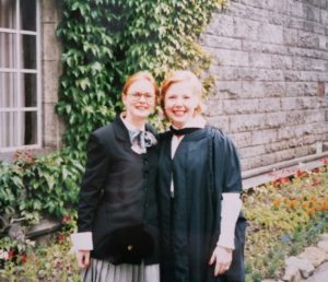 Dr. Ellen Derrick and her best friend, Sophie Gauthier at her graduation from St. Andrews in Scotland